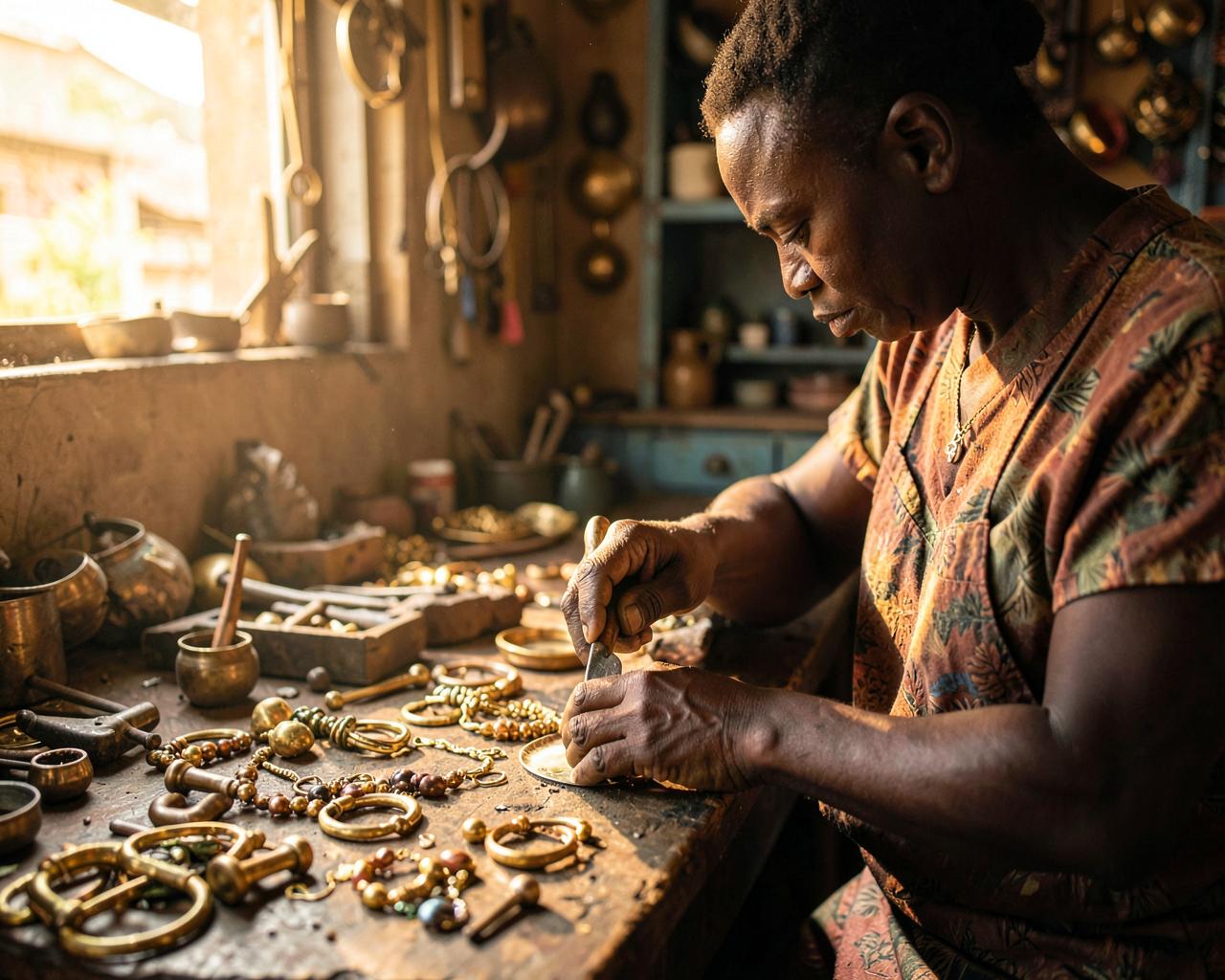 An artisan hammering brass jewellery in a Nairobi workshop